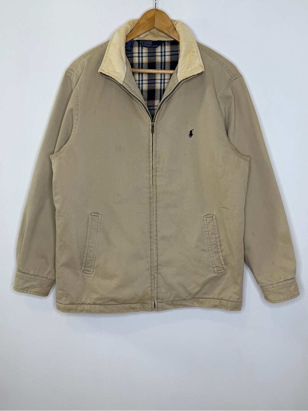 Polo Ralph Lauren Full Zip Corduroy Collar Jacket Mens Small Beige Plaid Lined
